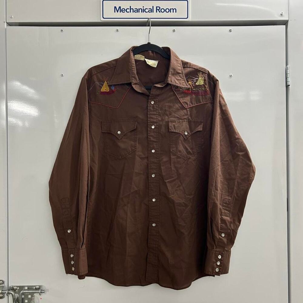 Brown vintage Rocking K Ranchwear embroidered western pearl snap shirt